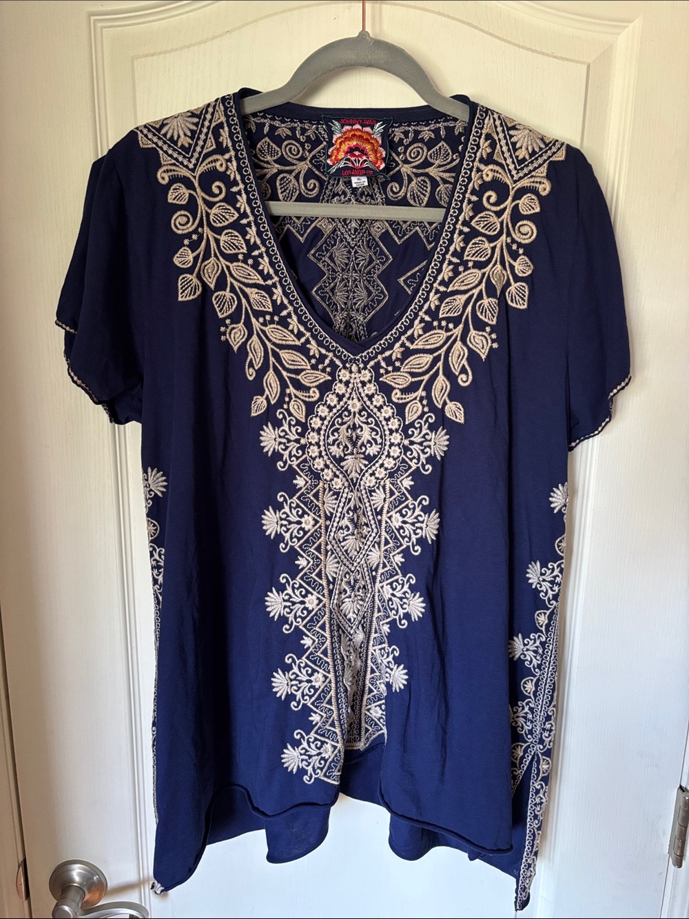 Johnny Was XL Blue Embroidered Boho Tunic Top